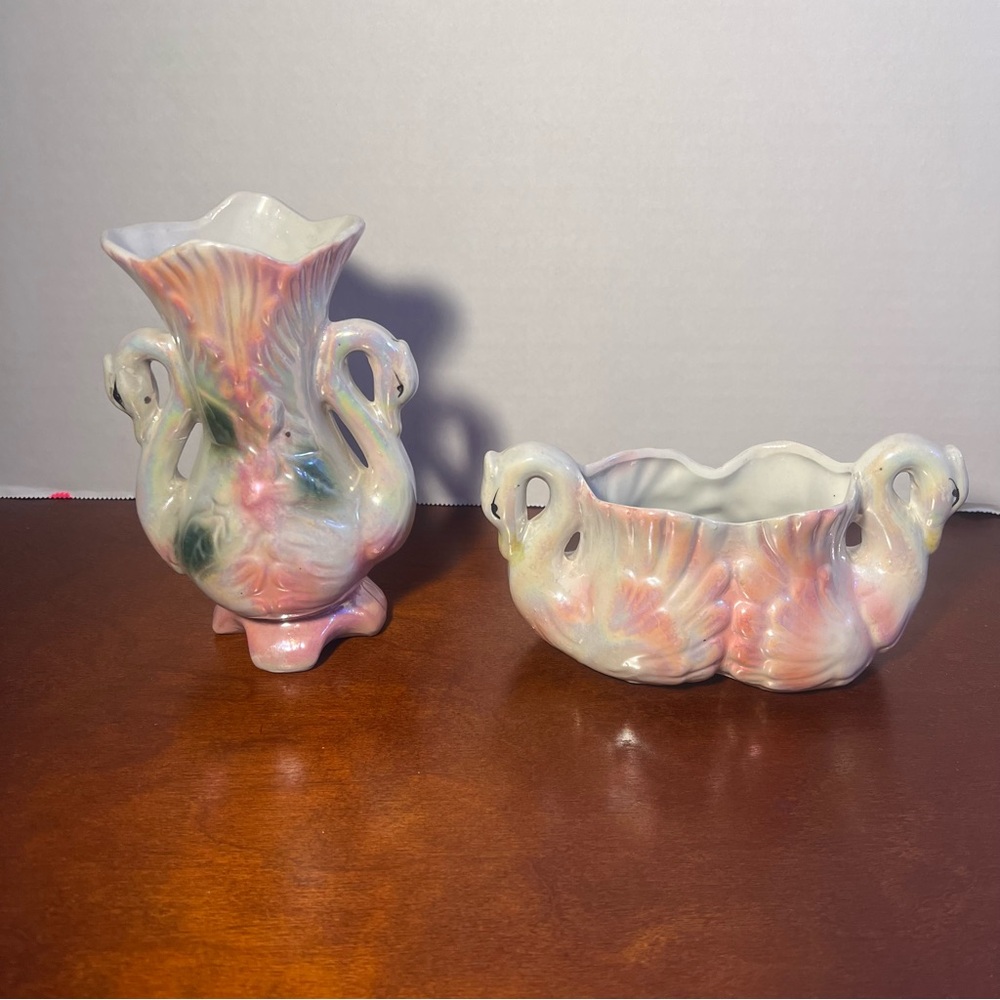 Vintage Iridescent Lusterware Swan Ceramic Vase and Planter Set
